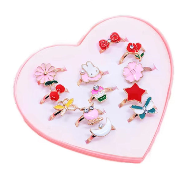 10/20/36 Pcs Cute Adjustable Rings Children Girls Pretend Play Makeup Toys Cartoon Crystal Jewelry Alloy Animal Enamel Ring
