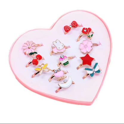 10/20/36 Pcs Cute Adjustable Rings Children Girls Pretend Play Makeup Toys Cartoon Crystal Jewelry Alloy Animal Enamel Ring