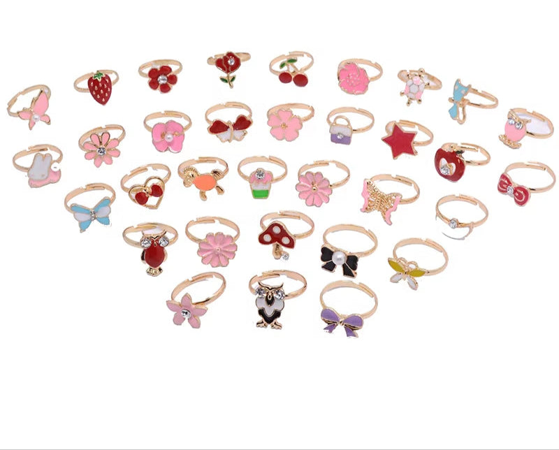 10/20/36 Pcs Cute Adjustable Rings Children Girls Pretend Play Makeup Toys Cartoon Crystal Jewelry Alloy Animal Enamel Ring