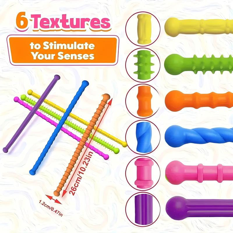 Fidget Toys Sensory Stick, 6PCS Texture Quiet Twisting Fidget Toys for Adults and Kids, Durable and Bendable Stress Relief Sensory Toys for Birthday Gifts, Christmas