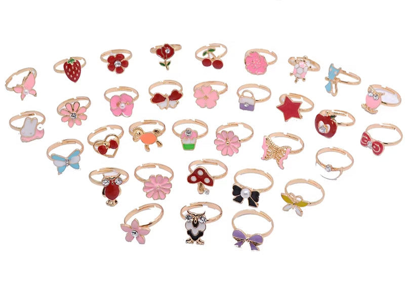 10/20/36 Pcs Cute Adjustable Rings Children Girls Pretend Play Makeup Toys Cartoon Crystal Jewelry Alloy Animal Enamel Ring